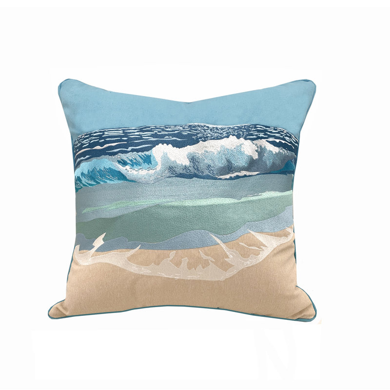 Embroidered Coastal Blue and Sand Indoor/Outdoor Throw Pillow