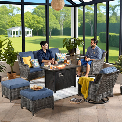 Outdoor 7 Piece Patio Furniture With Fire Pit Table,wicker Conversation Set With Swive Chairs, Comfy Deep Sofa With Ottoman For Outside Porch Balcony