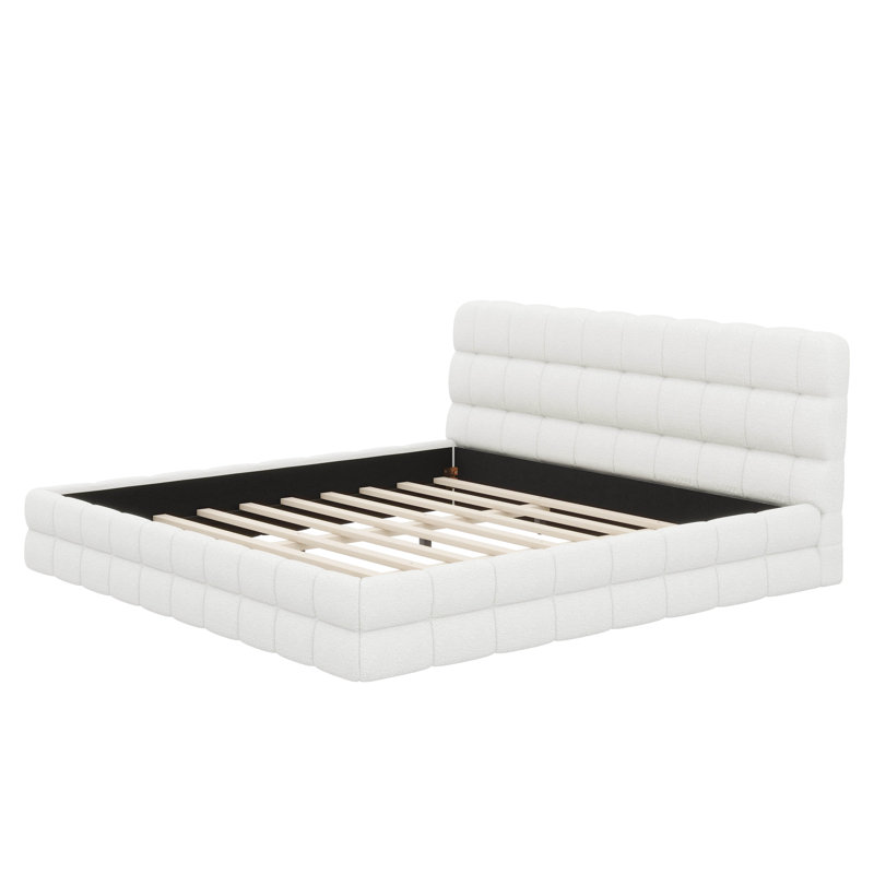 Structure de lit très grand, lit plateforme rembourré avec tête de lit, molleton berbère doux, design moderne, Blanc