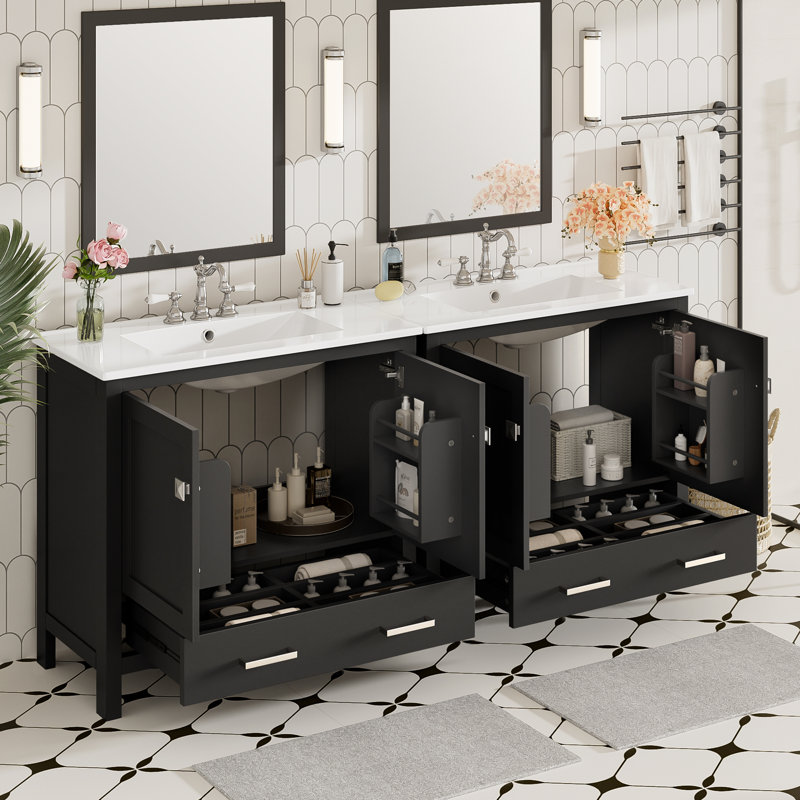 Meuble-lavabo 72 po avec lavabo en céramique, Noir