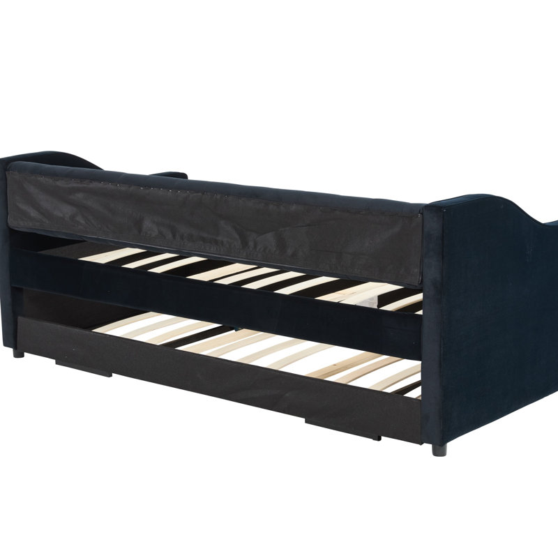 Twin Daybed With Trundle, USB Ports, Side Pockets, Velvet Upholstery, Black