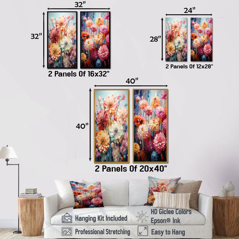 Ensemble de salon art mural Zinnias Mute Tone, H 28 po x l 25 po, Toile tendue
