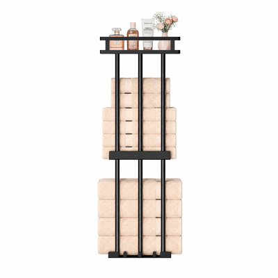 3-Tier Black Metal Bathroom Towel Rack, Wall Mounted Storage Rack with Top Mesh Shelf for Rolled Towels, Rust-Resistant Single