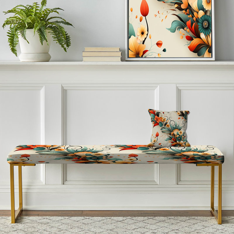 Retro Bouquet Revival - Eclectic Upholstered Gold Bench