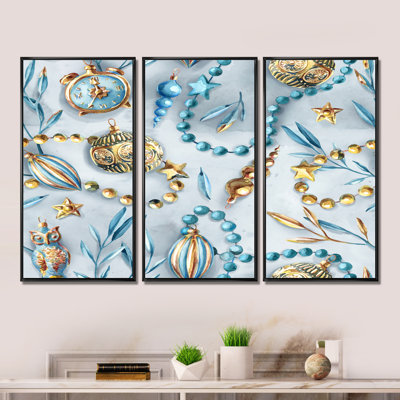 Blue And Gold Christmas Tree Ornaments - Modern Framed Canvas Wall Art Set Of 3 -  Rosdorf Park, 6FBD76A9564B428DA153F976895B1F6C