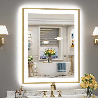 Miroir de salle de bain doré à DEL avec lumières, miroirs de salle de bain anti-buée et rétroéclairé à cadre doré brossé et rétroéclairé pour mur de salle de bain, à intensité variable, 3 couleurs, mémoire, verre trempé HD, IRC> 90