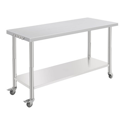 Table de préparation de cuisine en acier inoxydable avec roulettes, établi commercial robuste avec crochets, table en métal avec tablette à hauteur réglable pour le garage, extérieur