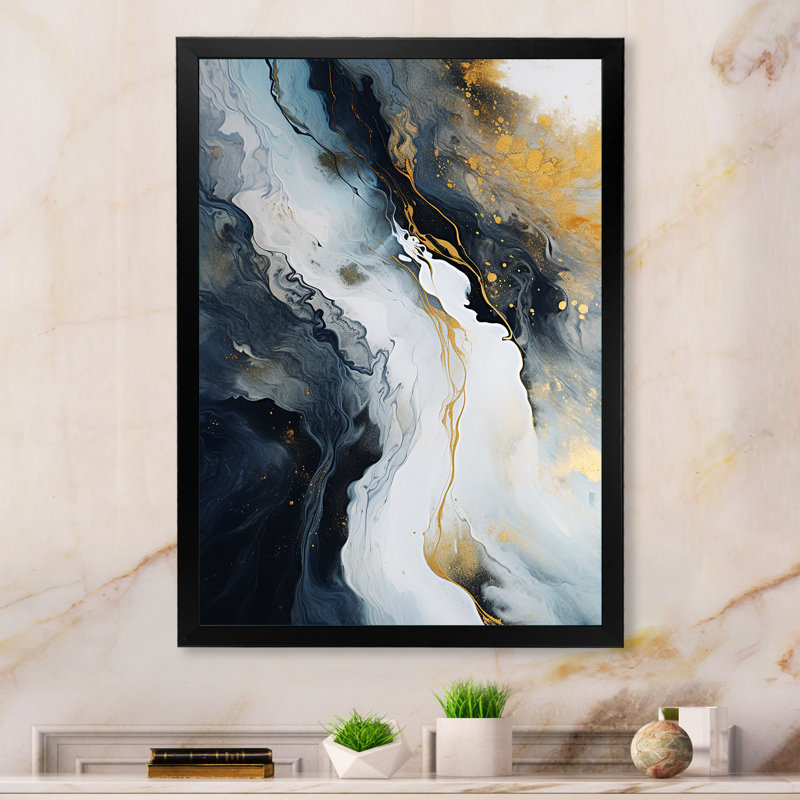 Or et bleu, peinture abstraite sur marbre III - décoration murale en marbre, Cadre simple noir, H 20 po x l 12 po x P 1 po