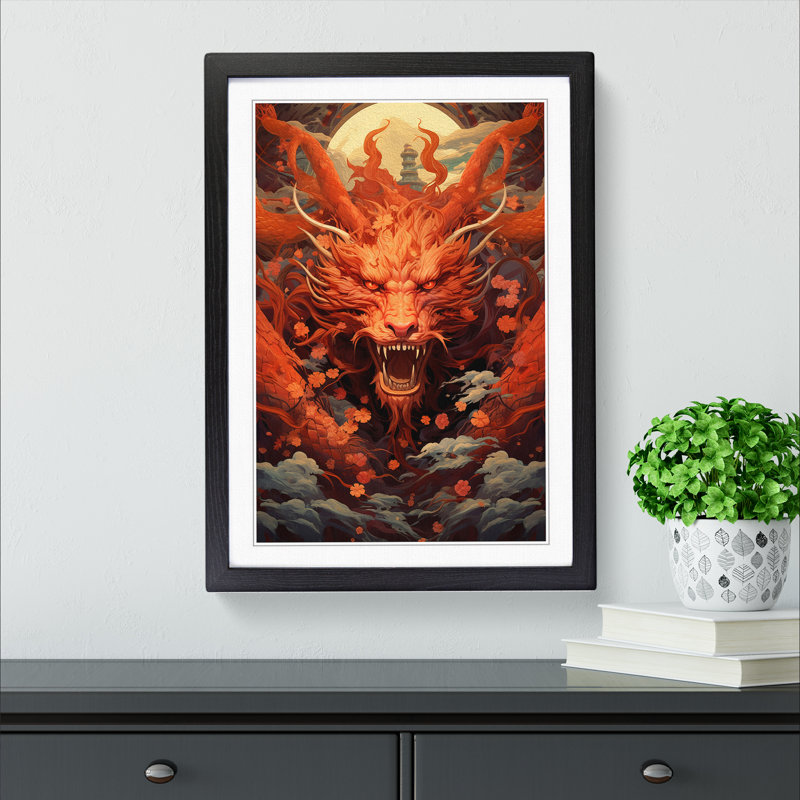 Chinese Dragon Futurism - Single Picture Frame Print on Wood, Black Framed, 46cm H x 34cm W x 2cm D