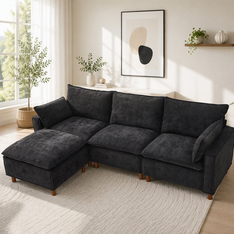 Canapé modulaire en L 108,5 po avec repose-pieds mobile, canapé rembourré en tissu chenille confortable, Noir