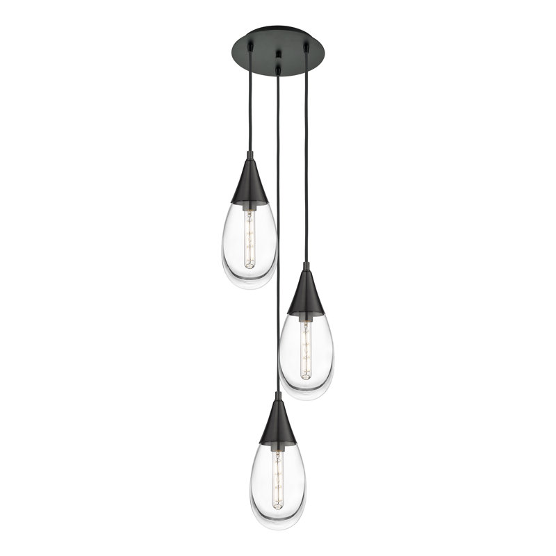 Luminaire suspendu grappe à 3 lumières Sonny, Transparent, Noir mat