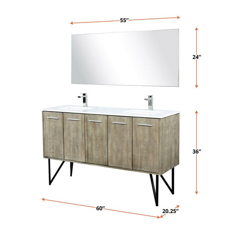 Rustic Double Vanity For Bath 60 In. W X 20 D, White Quartz Counter, 55 Mirror, Soft - Closing Function And Plenty Of Storage Areas Wide Bathroom With Surface, Close Cabinet Scratch