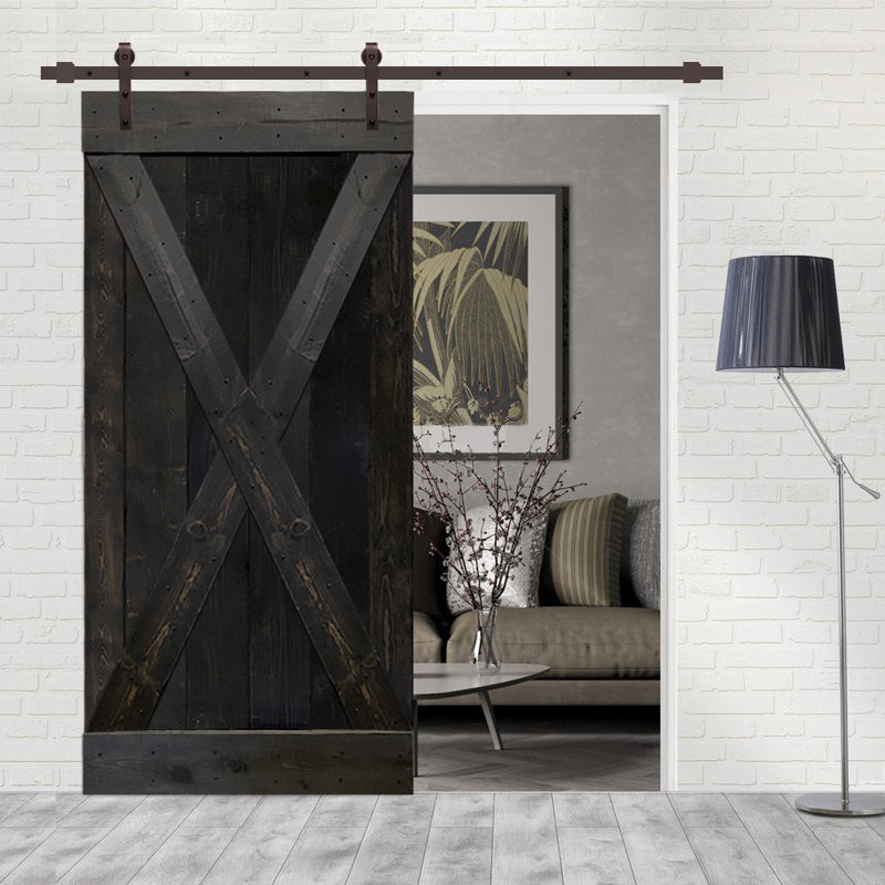 Charcoal Black Pine Wood Sliding Barn Door with Oil-Rubbed Bronze Hardware