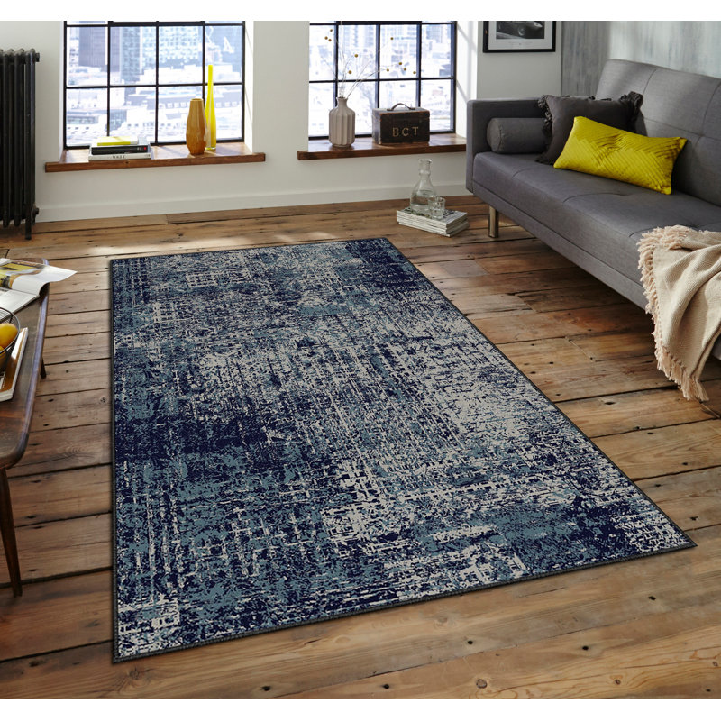 Tapis bleu foncé tissé à la machine rectangulaire en polyester tissé à la machine Margaretville