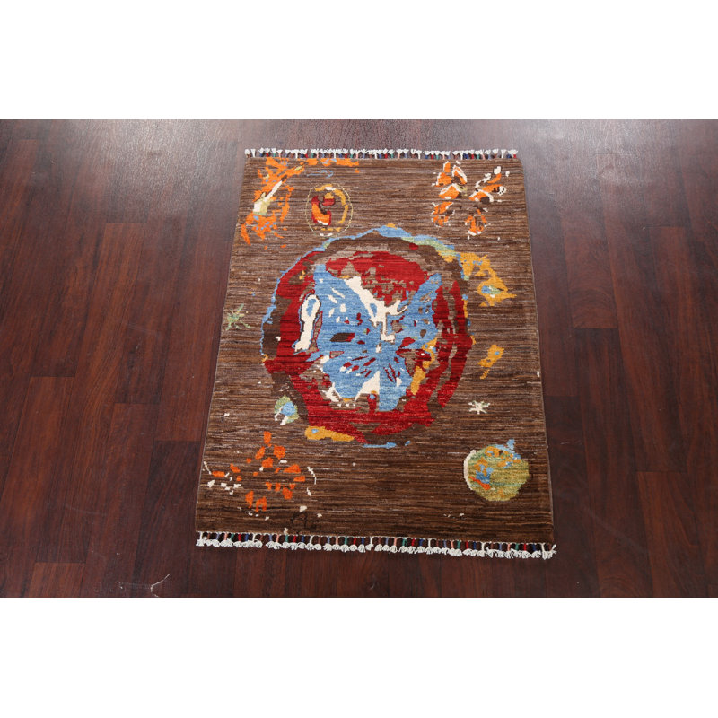 Tapis brun en laine noué à la main de conception unique 2 pi 11 po x 3 pi 10 po Lunick