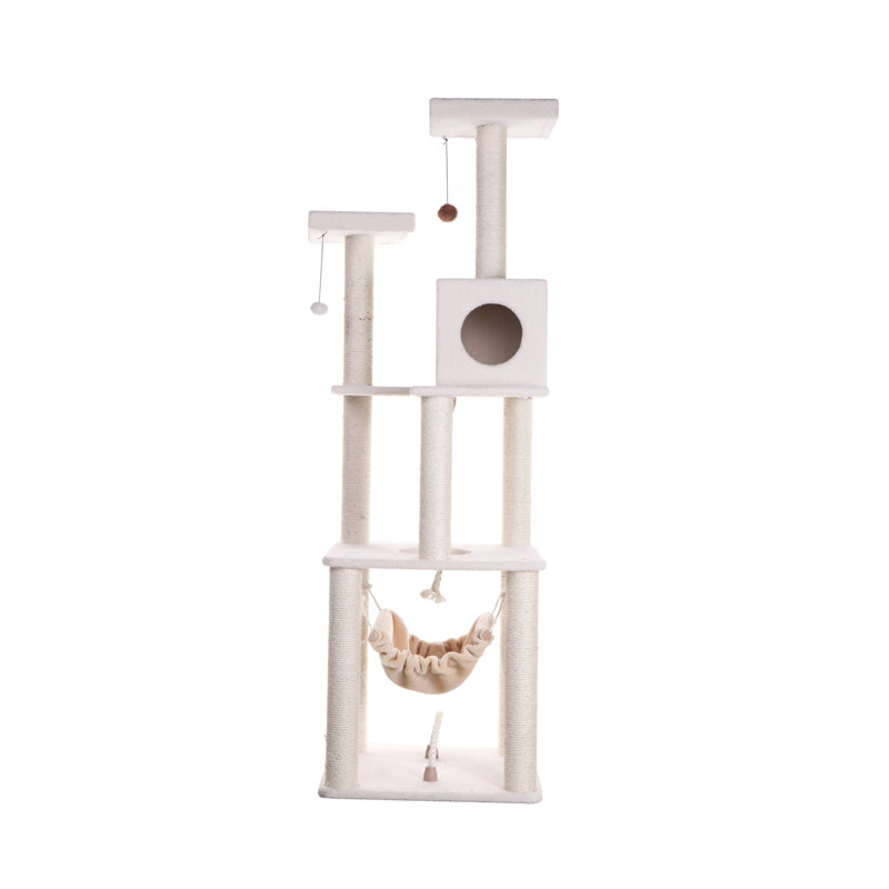 73'' Ivory Fleece Multi-Level Cat Tree with Hammock and Rope Swing