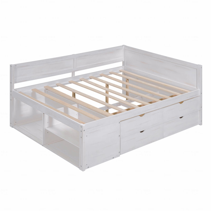Lit de jour double avec tiroirs et tablettes, Blanc, Lit double