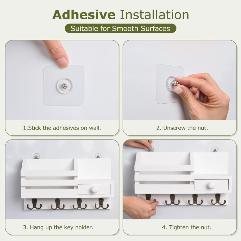 Helmes White Wooden Key Mail Organizer with Drawer Wall Mount Key Rack, White