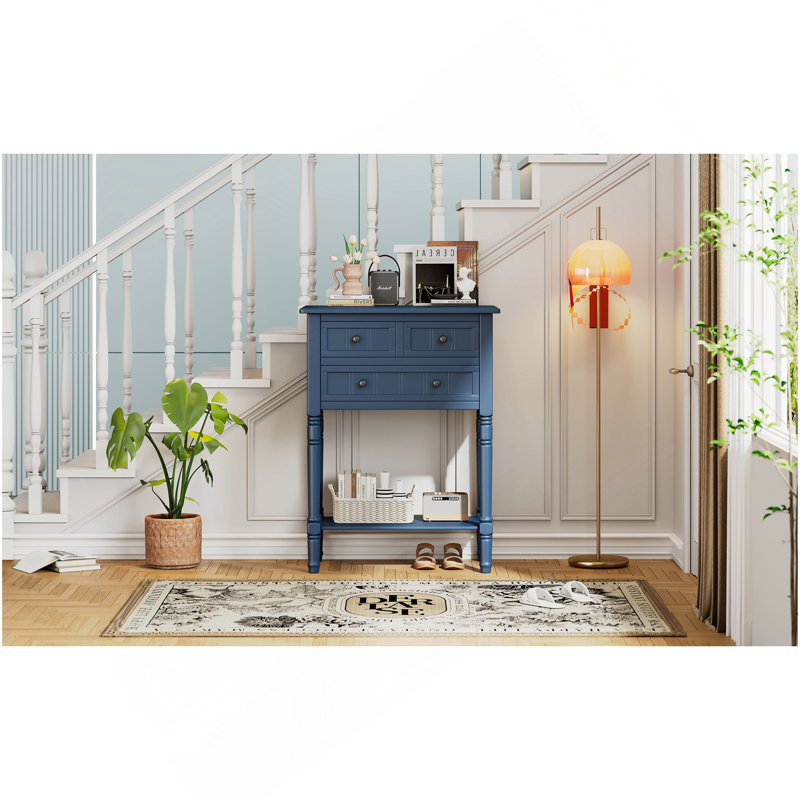 Console étroite, canapé mince avec trois tiroirs de rangement et tablette inférieure (bleu marine)