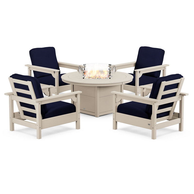 Club 5-Piece Conversation Set with Fire Pit Table, Sand, Navy