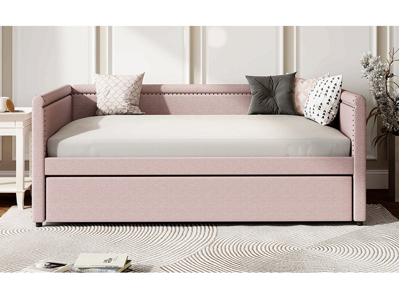 Lit de jour rembourré de style moderne avec lit gigogne pour chambre d'amis, petite chambre à coucher, salle d'étude,, Rose