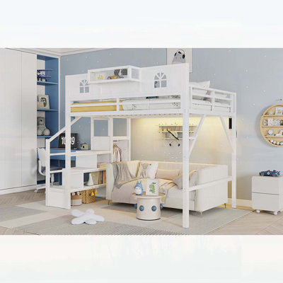 Grand lit mezzanine en métal avec escalier et garde-corps en forme de maison, garde-robe et éclairage à DEL, idéal pour les enfants et les adolescents