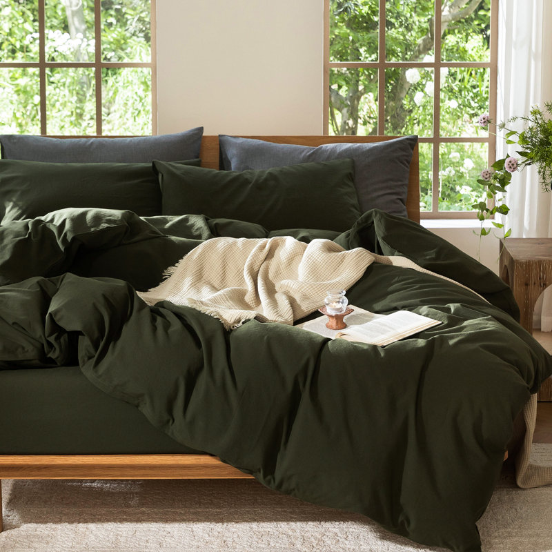 MooMee Lightweight Duvet Cover Set with Zipper Closure 8 Ties 100% Washed Cotton Linen Like Textured Soft Breathable All-Season