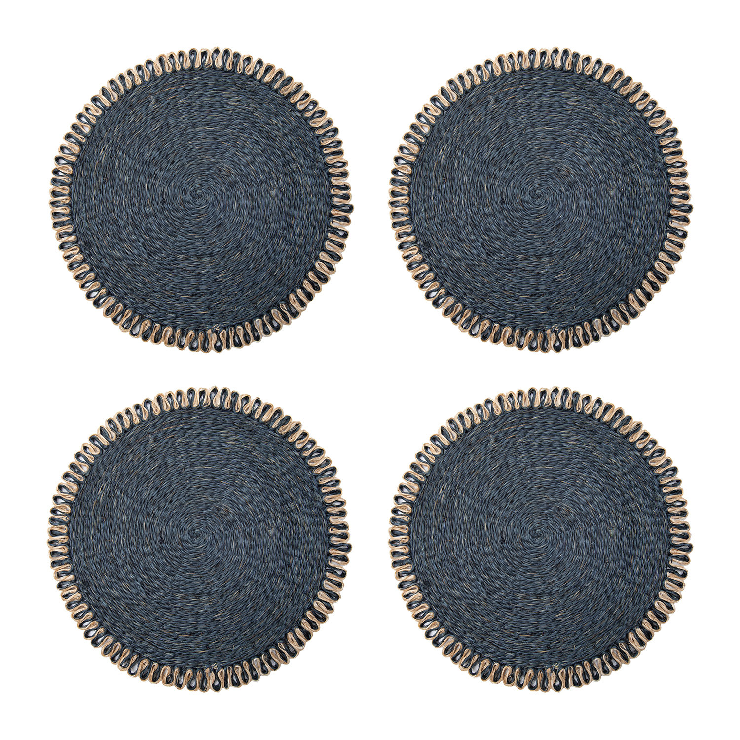 Amaretto Abaca No Pattern Round Placemat, Navy/Natural