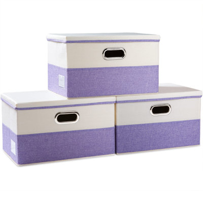 Foldable Storage Bins with Lids [3-Pack] linen Fabric Decorative Storage Boxes Organizer Containers Baskets Cube with Handles Divider Purple&Cream