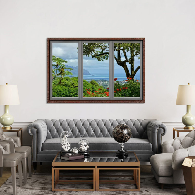 Hawaii Window View - Floater Frame Print on Canvas, Brown Framed