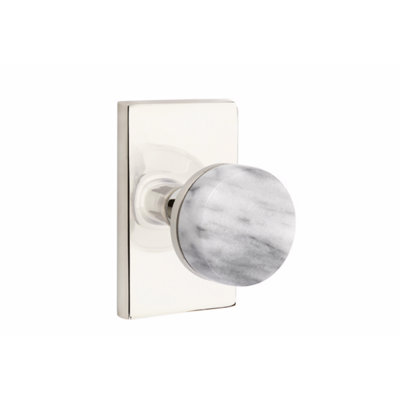 Ensemble de boutons d'intimité Emtek Select, rosette rectangulaire moderne, tige conique, poignée en marbre blanc
