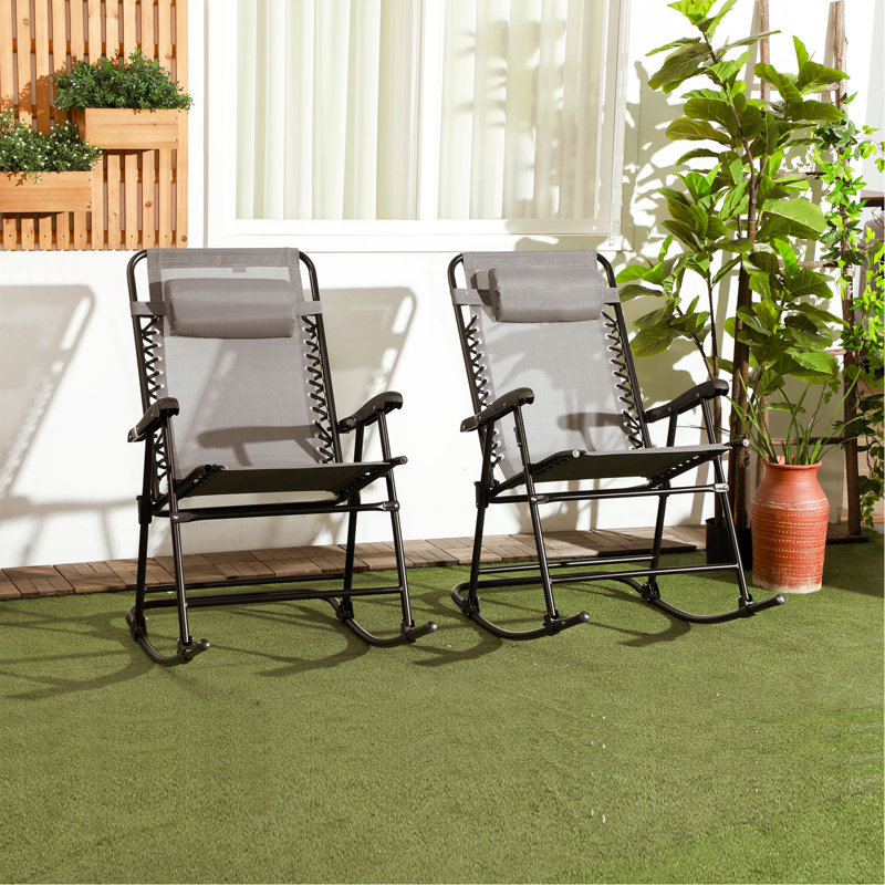 Ensemble de chaises berçantes d'extérieur 2 pièces, ensemble de chaise berçante pliante pour patio avec appui-tête pour cour, patio, terrasse, cour, gris