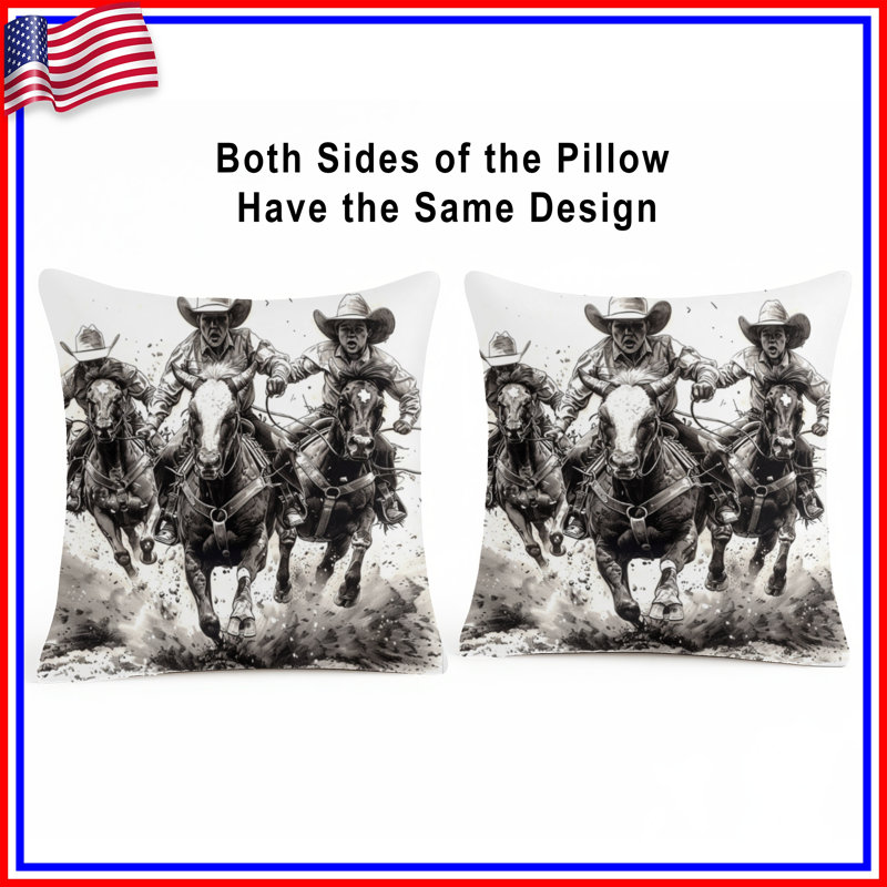 Coussins Cowboys Riding Horses, 18 x 18 pouces, Noir et beige clair