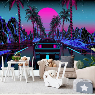 Retro Synthwave Sunset Palm Trees Sports Car Wall Mural for Home Decor