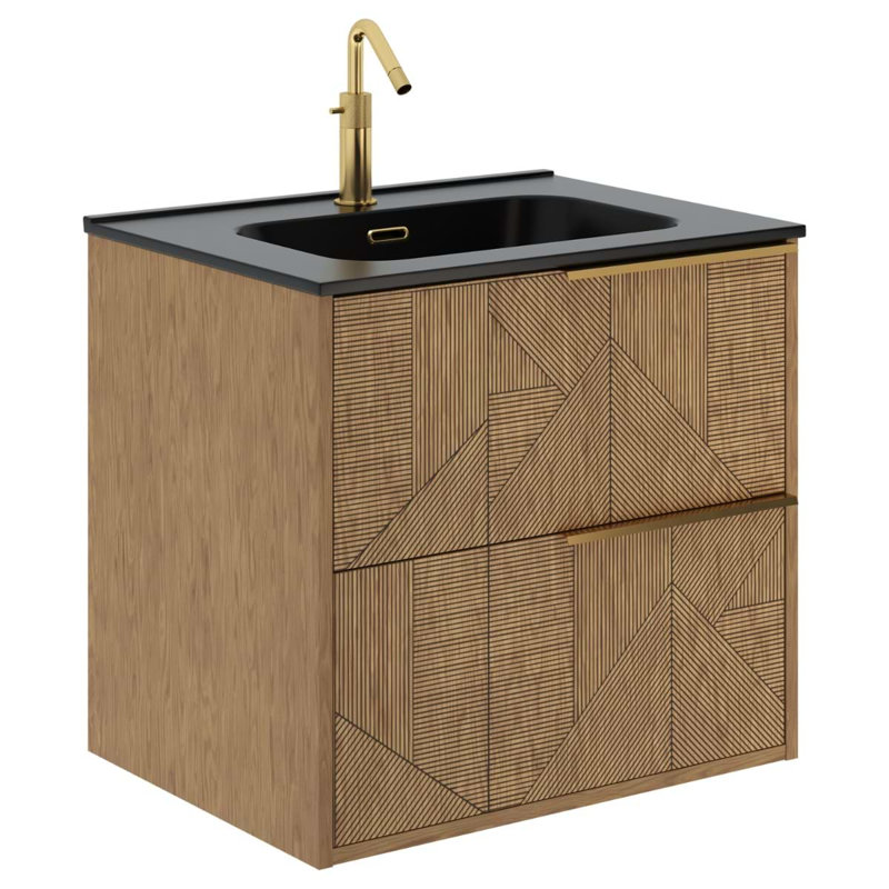 Kora Geo 24" Fluted Wall-Mounted Single Bathroom Vanity with Integrated Ceramic Top & Handles, Gold, 24"