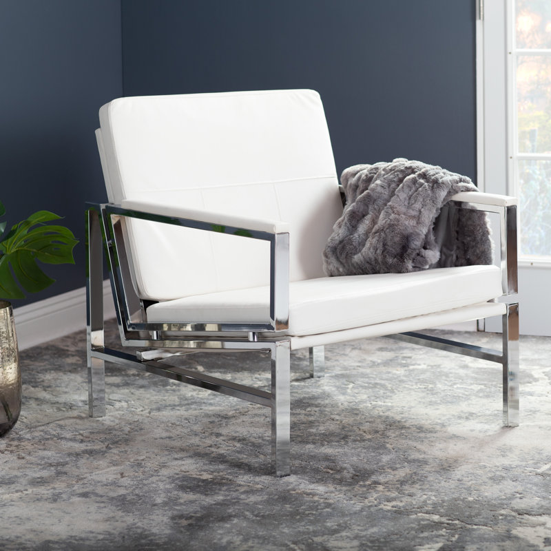 Varnado Faux Leather Armchair, Chrome, White Faux Leather