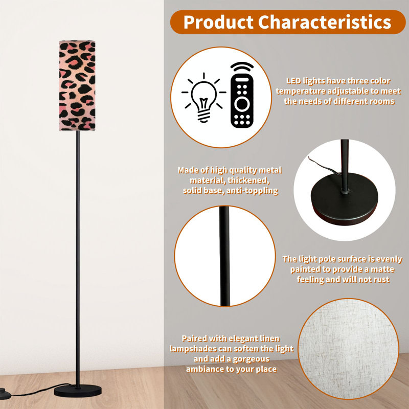  68.5" Standing Floor Lamp Seamless pale pink leopard Trendy Dimmable Metal Pole Lamp with Linen Lampshade LED Bulb Included