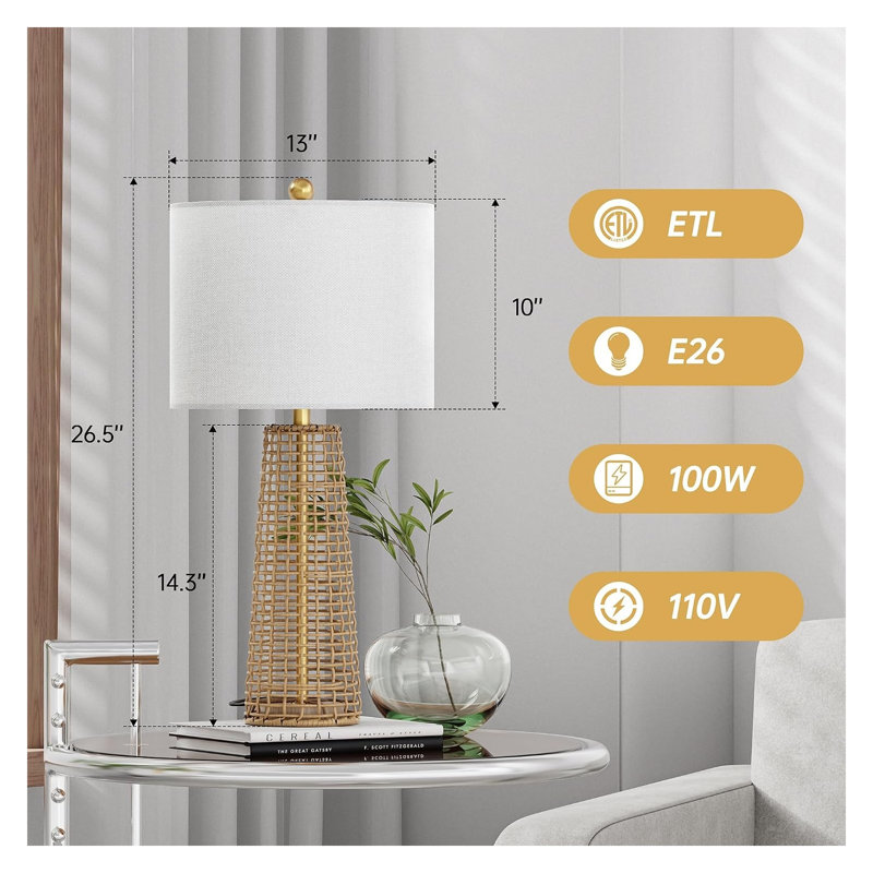 Ensemble de 2 lampes de table bohèmes en rotin avec abat-jour en lin, lampes de chevet à intensité variable (3 niveaux) pour salon et chambre, marron