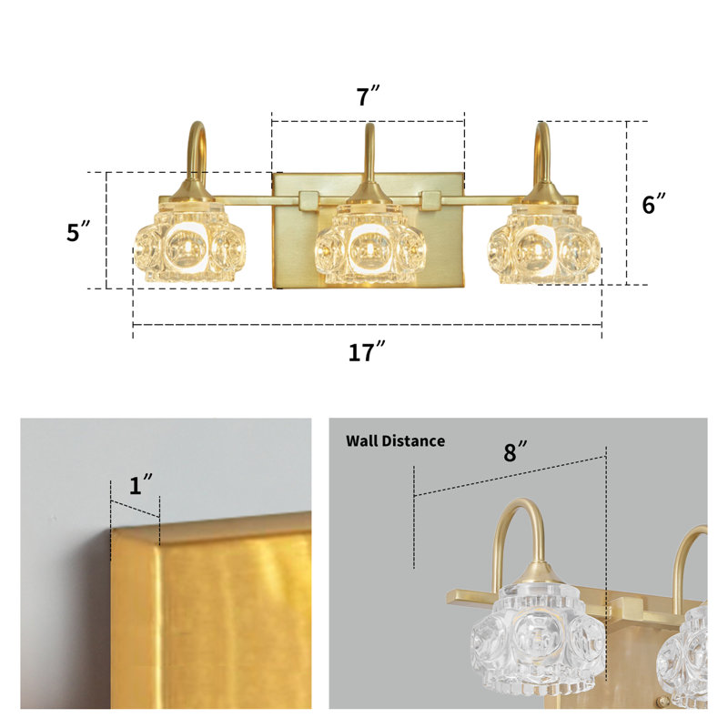 Éclairage pour meuble-lavabo à 3 lumières 18 po or et métal avec abat-jour en verre transparent 18 po (ampoules non incluses)