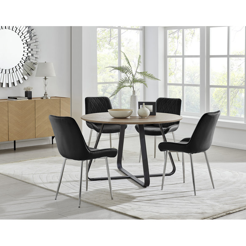Venedocia Round Wood Effect Dining Table & 4 Luxury Velvet Dining Chairs, Black/Silver