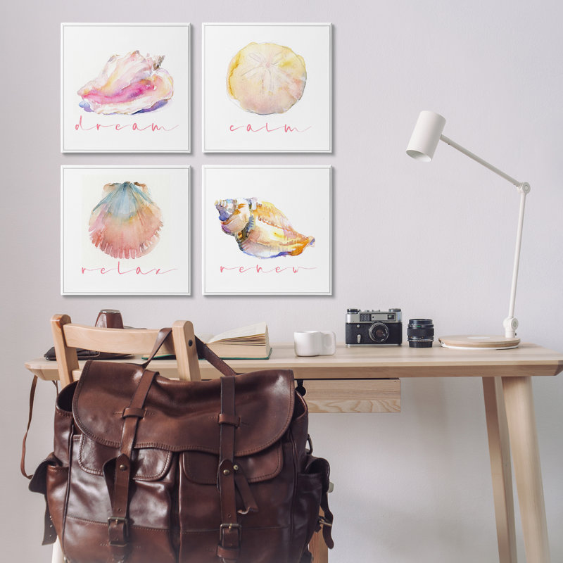 Aquarelle, coquillages avec phrases, ensemble de 4 impressions sur toile par John Keeling