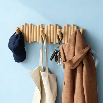 8-Hook Natural Flip-Down Wood Wall Mount Coat Rack