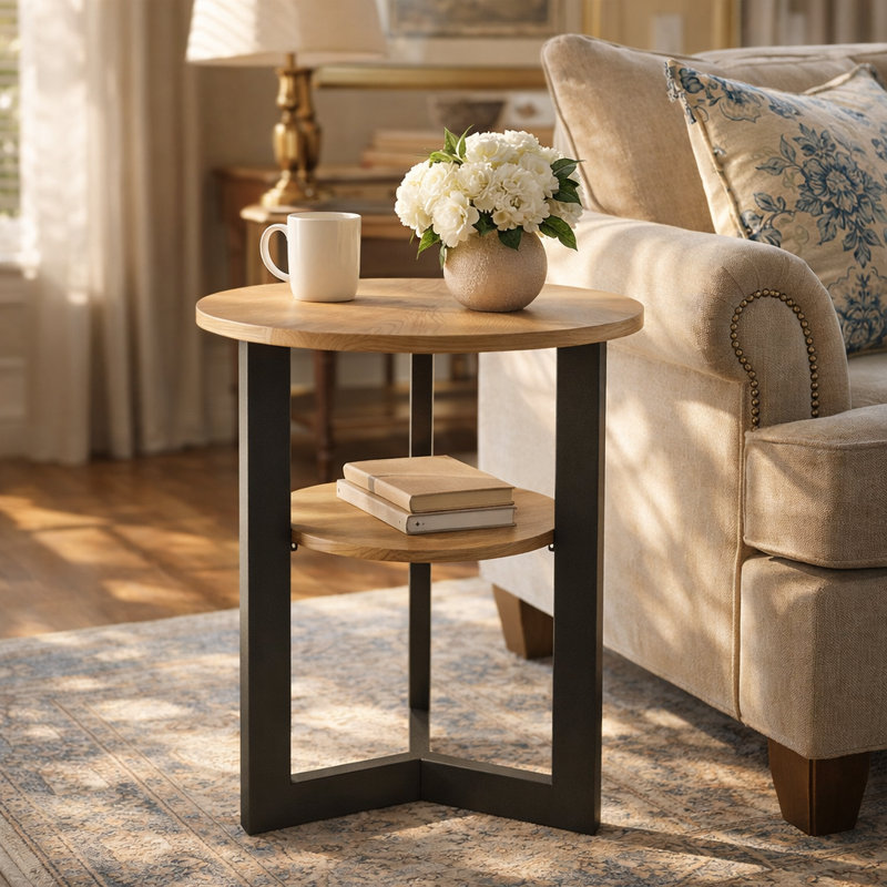 2-Tier Small Side End Table with Metal Frame, Brown
