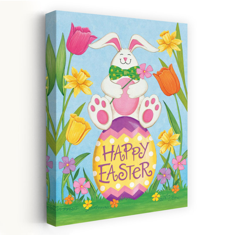 Joyeuses Pâques, lapin fantaisiste, jonquille et tulipe, H 36 po x l 24 po