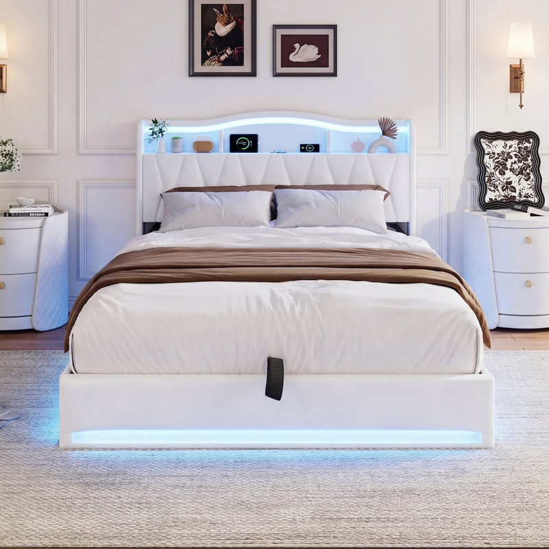 Upholstered Velvet Lift Up Storage Bed, European Double (140 x 200 cm), Beige