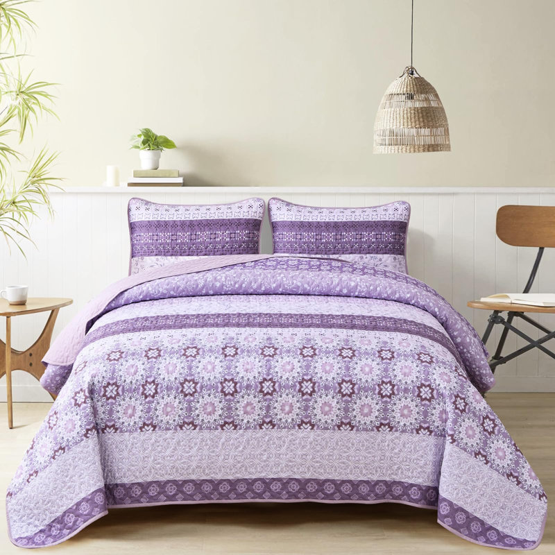 Ensemble de 3 ensembles de courtepointe Boho, Courtepointe pour lit grand + deux taies décorati, Mauve