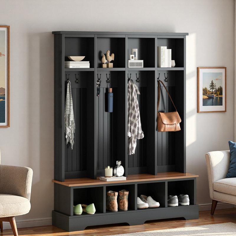 Rustic Farmhouse 59"W Wide Hall Tree - Practical 3-In-1 Entryway Bench With 8 Hooks And Open Compartments, Black, Black