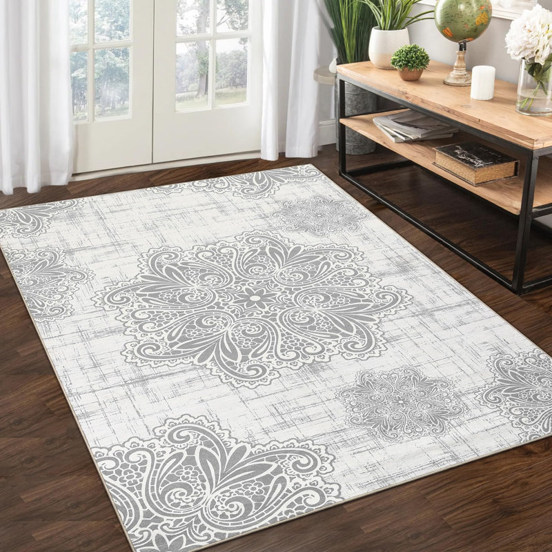 9x12 Machine Washable Area Rug Low Pile Non Slip Non Shedding Rug Vintage Medallion Foldable Area Rug Distressed Printed Carpet for Bedroom Living Room Office,