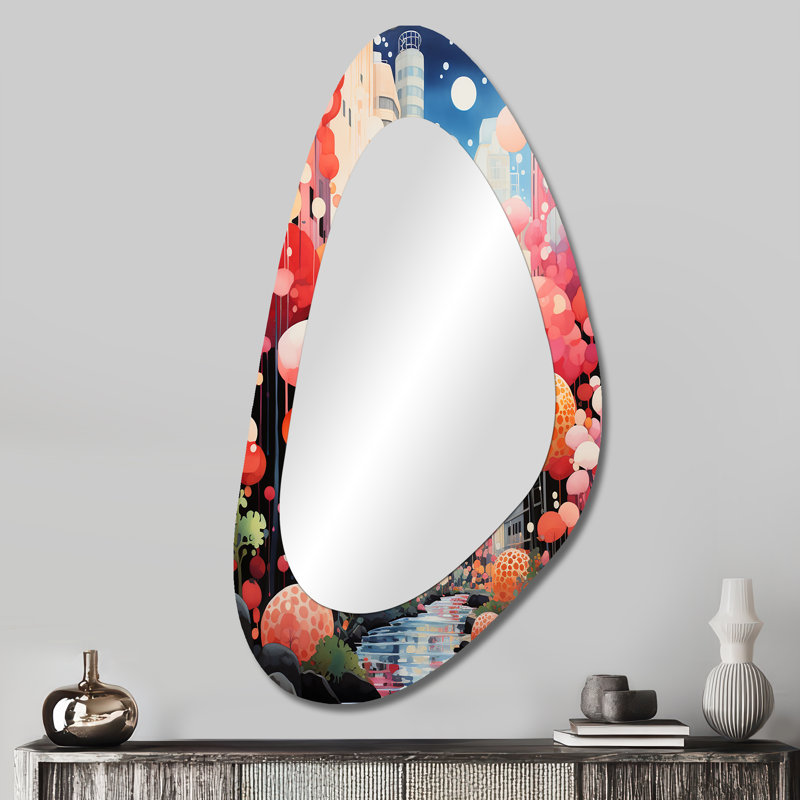 Daves, gomme à bulles, paysage urbain horizon I - miroir mural décoratif de forme unique Art déco, grand miroir asymétrique rose