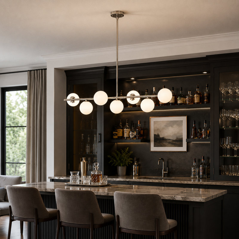 Lustre 7 lumières Kason, Nickel satiné, Blanc
